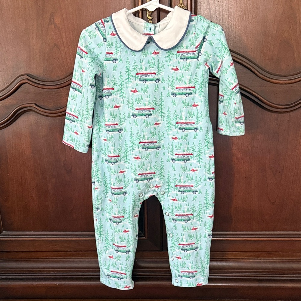 Serendipity by Shrimp & Grits Christmas Romper 18M Tree Wagon Peter Pan Collar